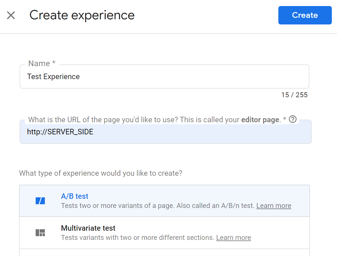 create a google optimize experiment